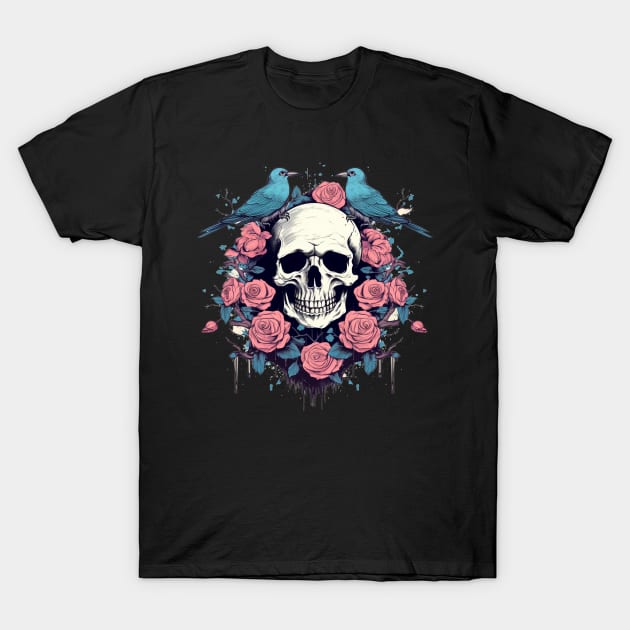 Skull with Roses and Birds T-Shirt by TOKEBI